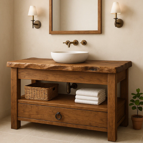 Handcrafted Solid Wood Bathroom Vanity – Live Edge Countertop with Drawer and Shelf – Rustic Organic Farmhouse Sink Console