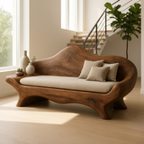 Handcrafted Solid Wood Sofa – Sculptural Organic Wood Couch with Linen Cushion