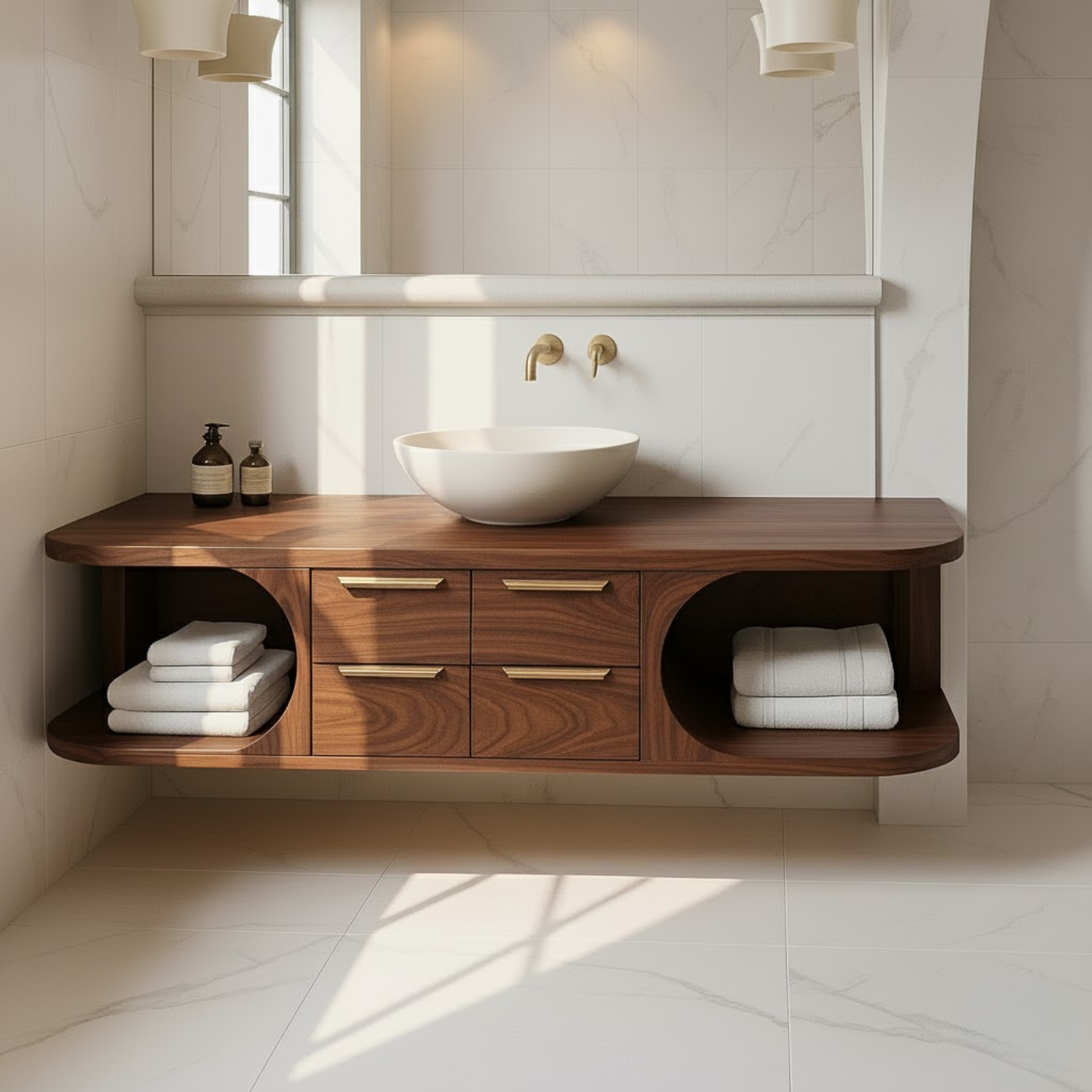 Handcrafted Solid Wood Floating Vanity - Modern Walnut Bathroom Console with Vessel Sink