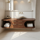 Handcrafted Solid Wood Floating Vanity - Modern Walnut Bathroom Console with Vessel Sink