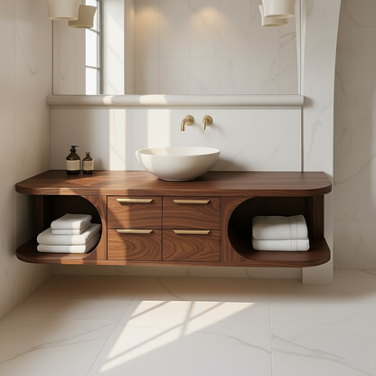 Handcrafted Solid Wood Floating Vanity - Modern Walnut Bathroom Console with Vessel Sink