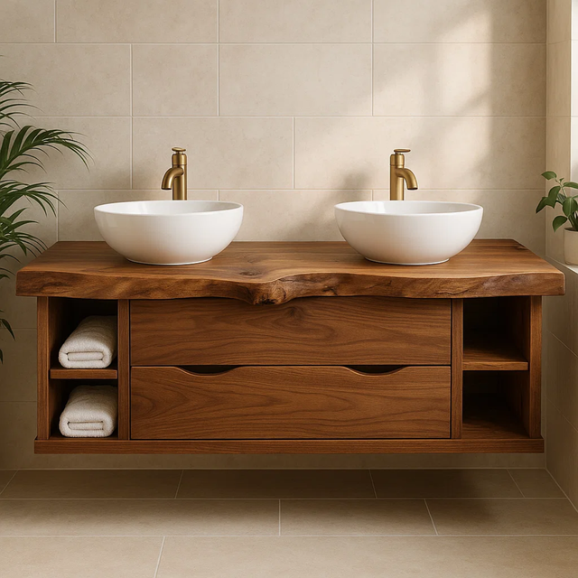 Handcrafted Solid Wood Live-Edge Double Vanity - Rustic Floating Console with Storage