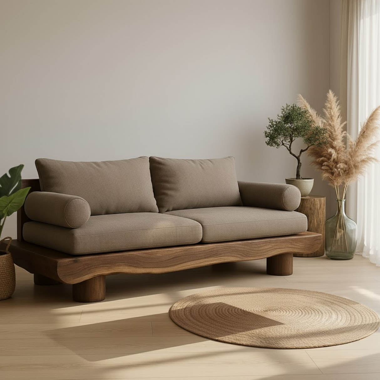 Handcrafted Solid Wood Sofa – Rustic Live Edge Wooden Couch with Modern Minimal Design