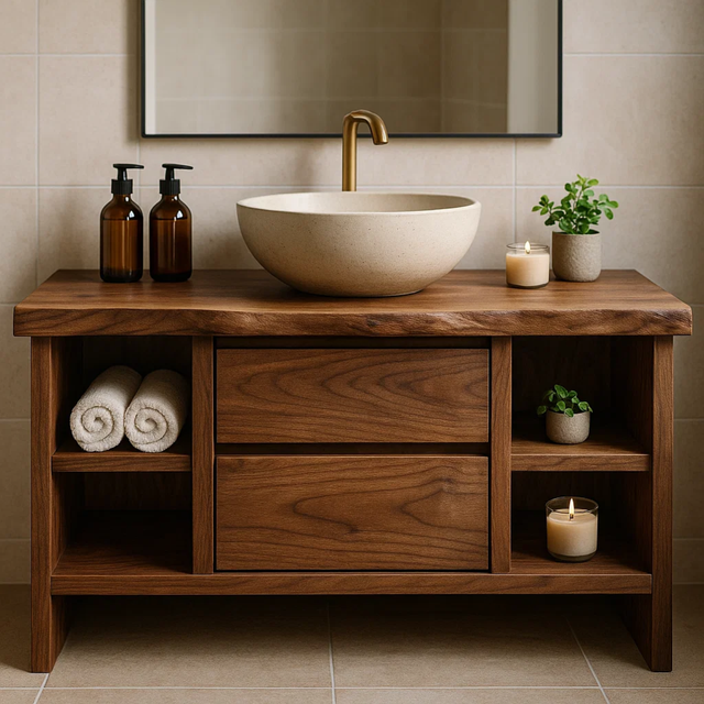 Handcrafted Solid Wood Single Vanity - Rustic Walnut Live Edge Bathroom Console