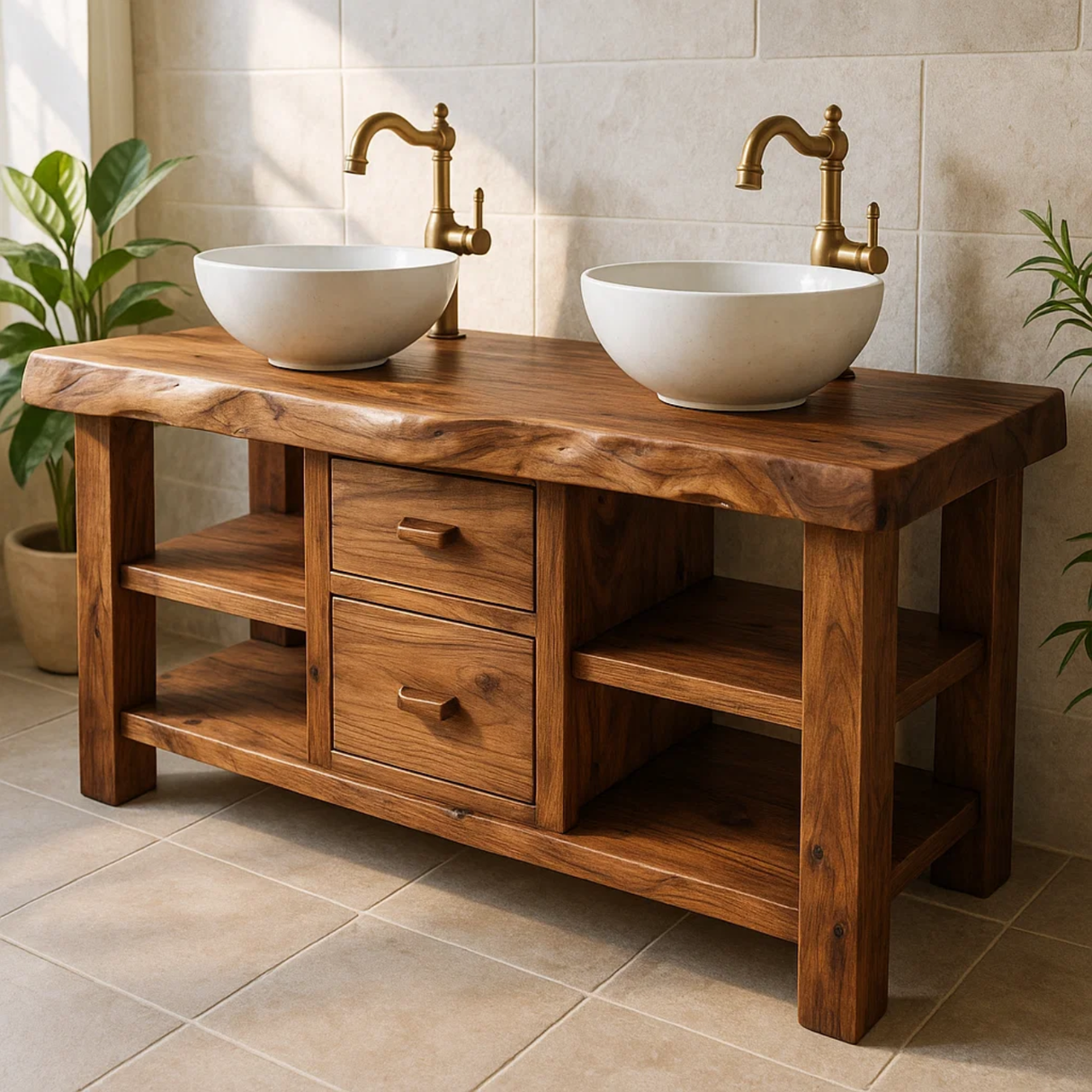 Handcrafted Solid Wood Floating Double Vanity - Live Edge Top, 2 Drawers & Open Shelves
