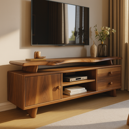 Handcrafted Solid Wood TV Stand - Sculptural Mid-Century Console with Curved Top
