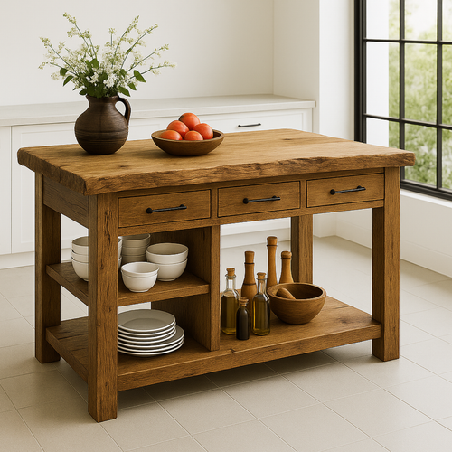 Handcrafted Solid Wood Kitchen Island - Live-Edge Top, 3 Drawers & Shelves