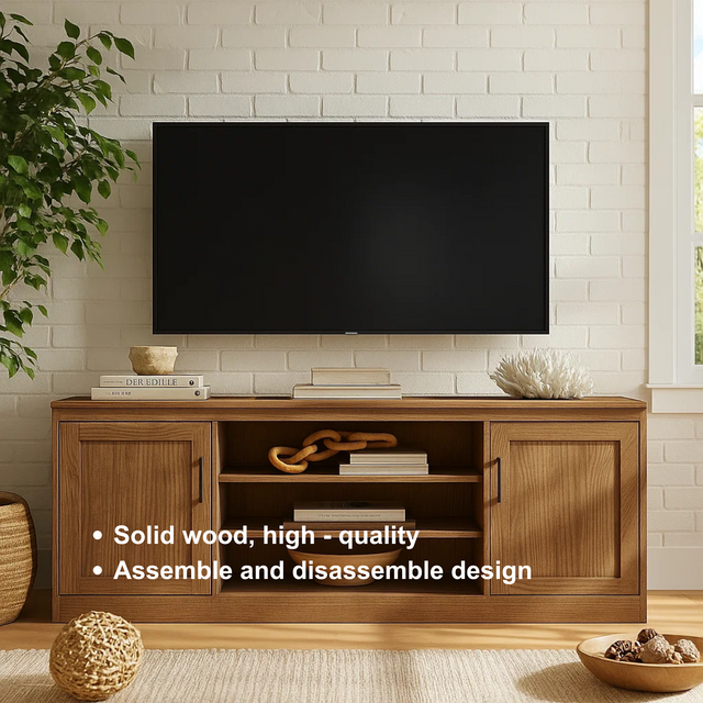 Handcrafted Solid Wood TV Stand with Shelves – Modern Walnut Media Console Furniture