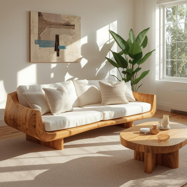 Handcrafted Solid Wood Sofa – Modern Curved Frame with Linen Cushions and Natural Finish