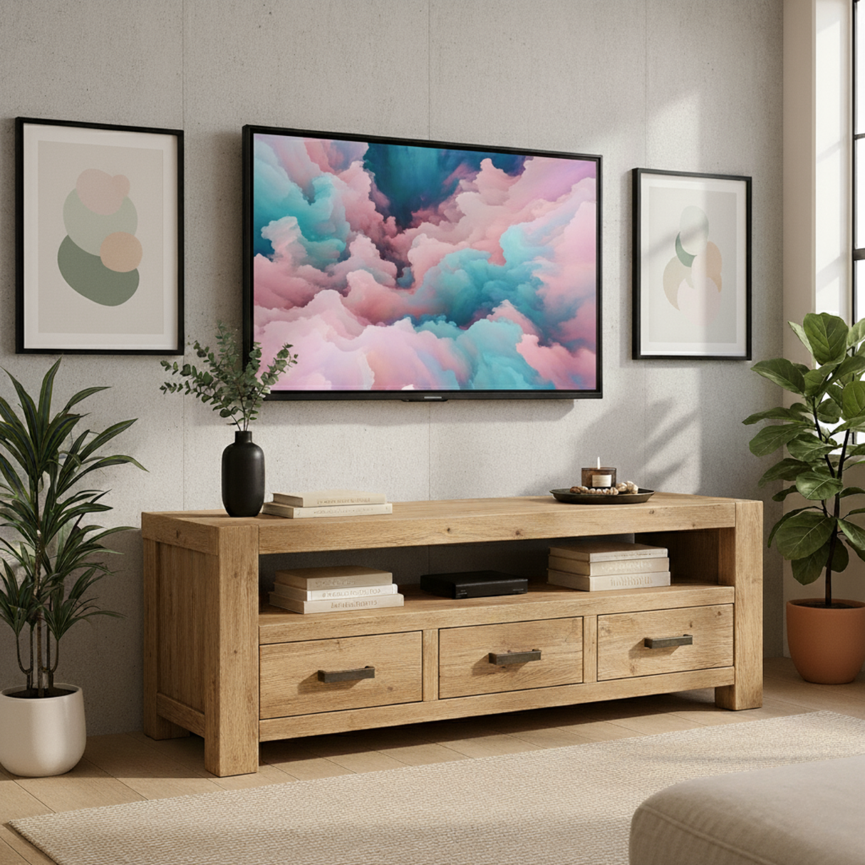 Handcrafted Solid Wood TV Stand - Chunky Rustic Media Console with 3 Drawers & Shelf