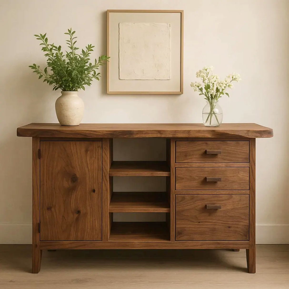Handcrafted Solid Wood Console Table – Live-Edge Slab with Cabinet and Drawers