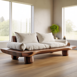 Handcrafted Solid Walnut Sofa – Low Organic Wood Couch with Linen Cushions and Rounded Legs