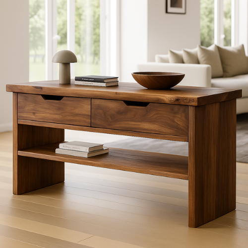 Handcrafted Solid Wood Console Table – Walnut Finish with Drawers and Open Shelf