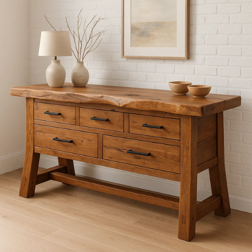 Handcrafted Solid Wood Rustic Console Table with Live Edge Top and Five Drawers