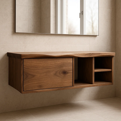 Handcrafted Solid Wood Floating Vanity - Asymmetrical Walnut Console with Hidden & Open Storage