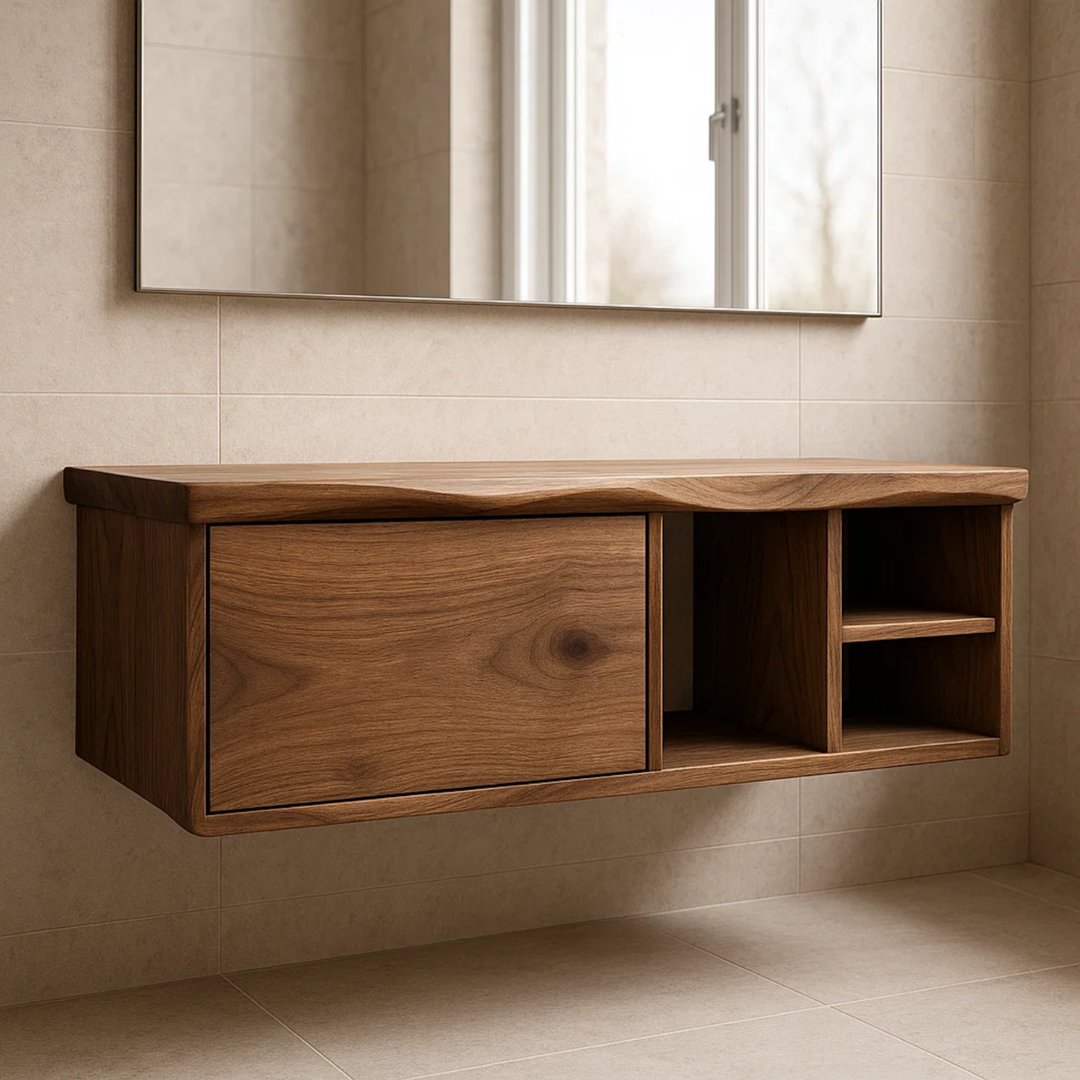 Handcrafted Solid Wood Floating Vanity - Asymmetrical Walnut Console with Hidden & Open Storage