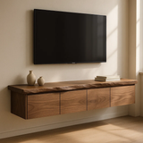 Handcrafted Solid Wood Floating TV Stand with Live Edge Walnut Top