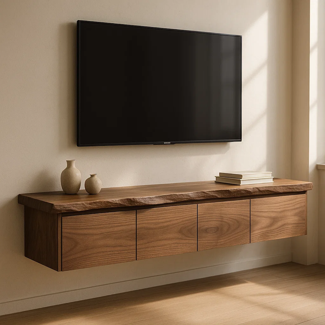 Handcrafted Solid Wood Floating TV Stand with Live Edge Walnut Top