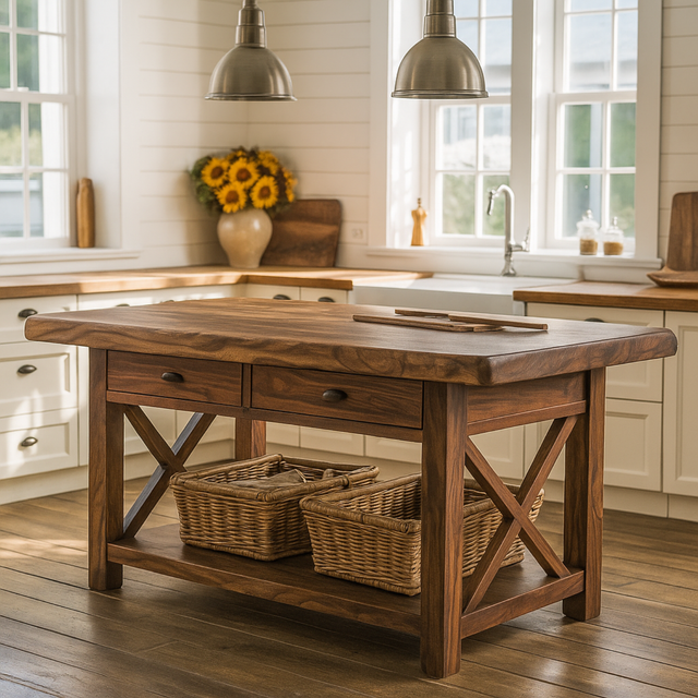 Handcrafted Solid Wood Kitchen Island - X-Base Design & Dark Finish