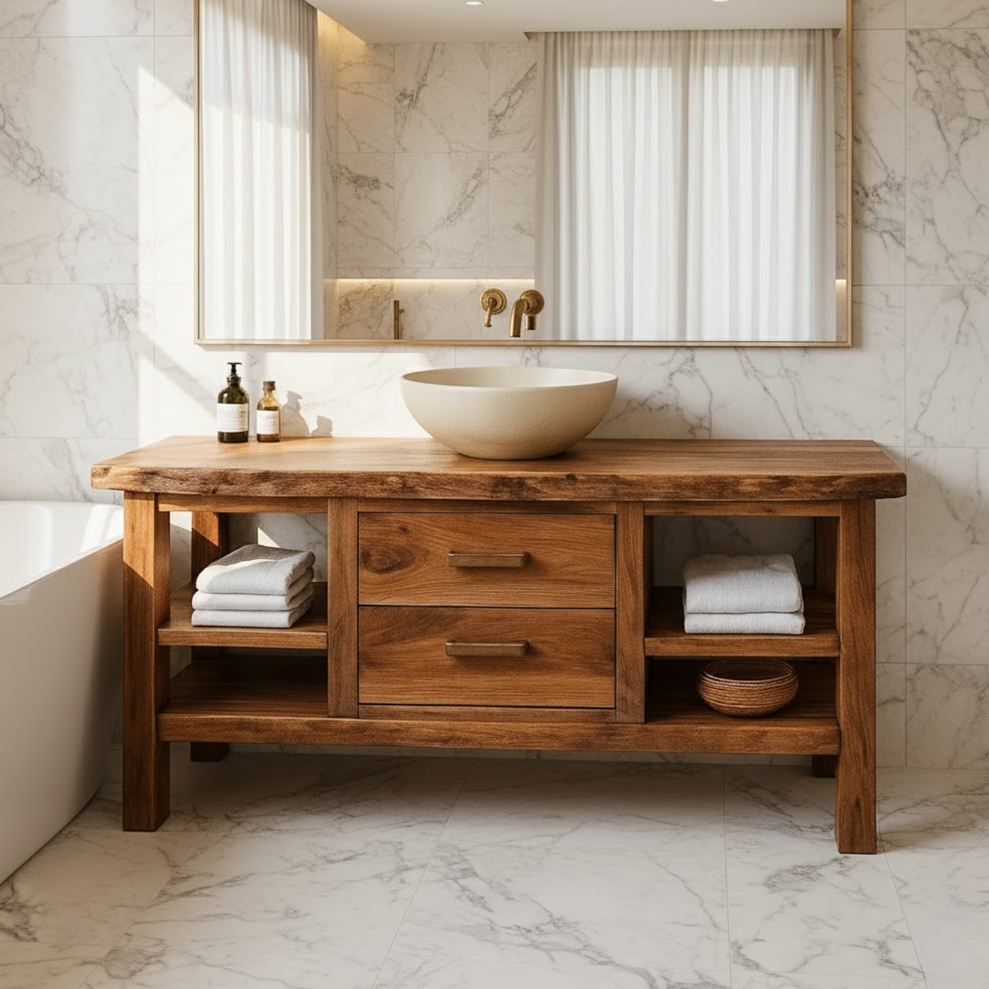 Handcrafted Solid Wood Bathroom Vanity - Live Edge Top, 2 Drawers & Open Frame Shelving