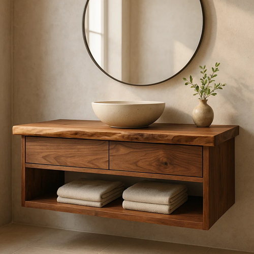 Handcrafted Solid Wood Floating Vanity - Live Edge Walnut with 2 Drawers & Open Shelf