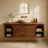 Handcrafted Solid Wood Floating Vanity - Modern Wall-Mounted Cabinet with Arches
