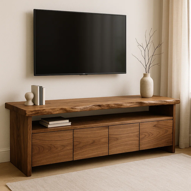 Handcrafted Solid Wood TV Stand with Live Edge Top and Hidden Storage Drawers