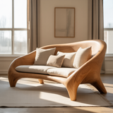 Handcrafted Solid Wood Sofa – Modern Organic Curved Couch with Smooth Sculptural Frame and Linen Cushions