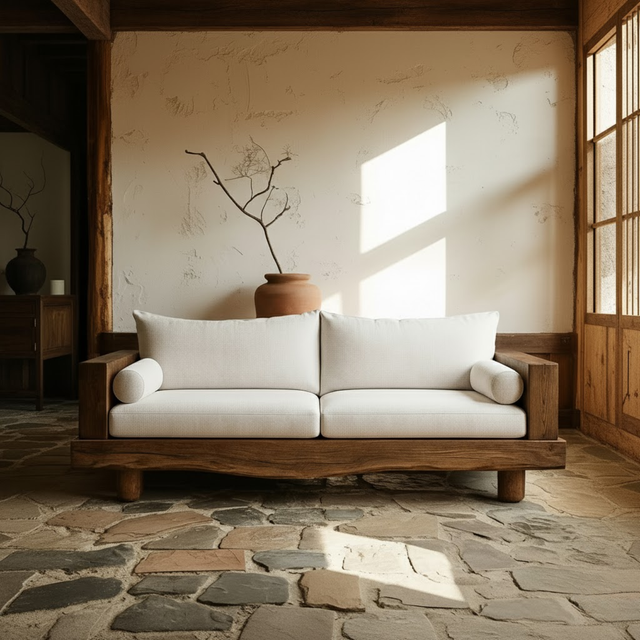 Handcrafted Solid Wood Sofa – Rustic Live Edge Wood Couch with Minimalist Linen Cushions