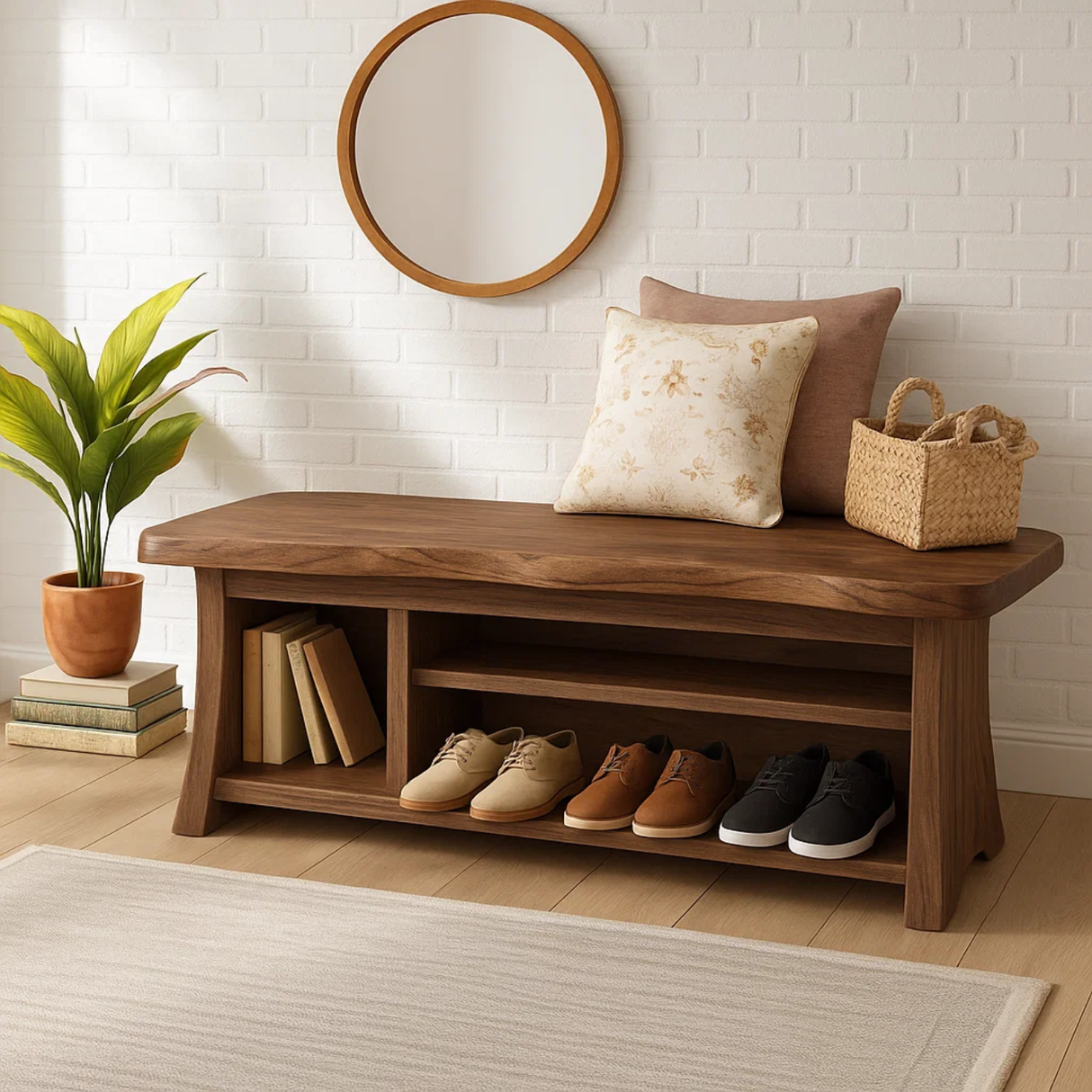 Handcrafted Solid Wood Walnut Bench – Organic Design with Integrated Shelving