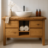 Handcrafted Solid Wood Bathroom Vanity - Live Edge Top with Drawers & Open Shelf Storage