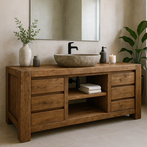Handcrafted Solid Wood Bathroom Vanity - Wide Rustic Storage Cabinet with Drawers & Shelf