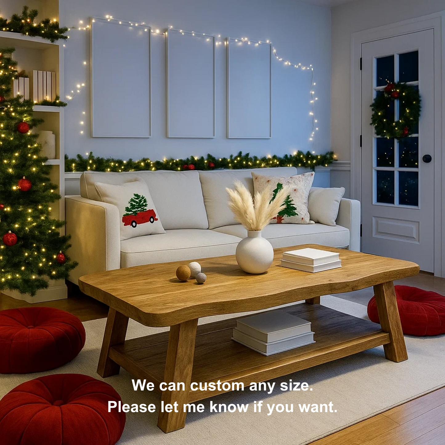 Handcrafted Solid Wood Coffee Table with Live Edge Design – Rustic Modern Center Table with Bottom Shelf for Cozy Holiday Living Rooms