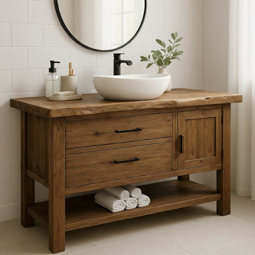 Handcrafted Solid Wood Bathroom Vanity with Live Edge Countertop and Open Shelf