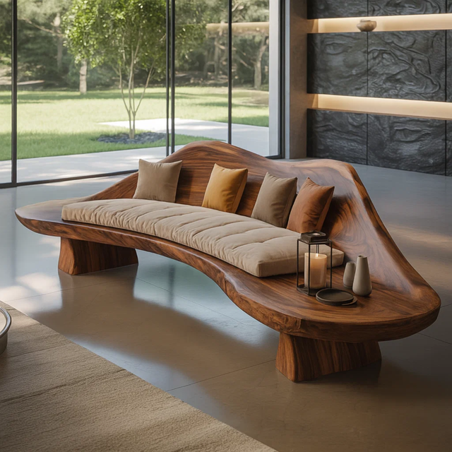Handcrafted Solid Wood Sofa – Sculptural Wave-Form Wood Couch with Organic Curves and Cushion Seat
