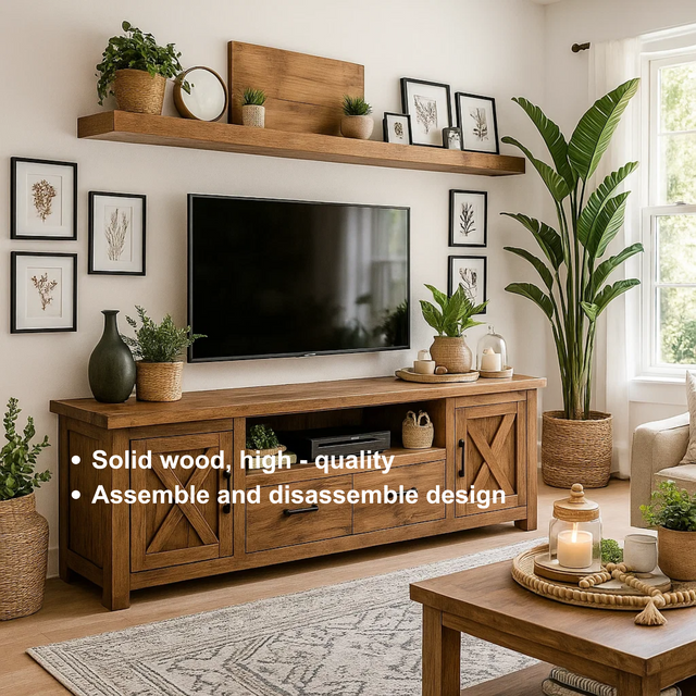 Handcrafted Solid Wood TV Stand with Barn Doors – Rustic Farmhouse Media Console Unit