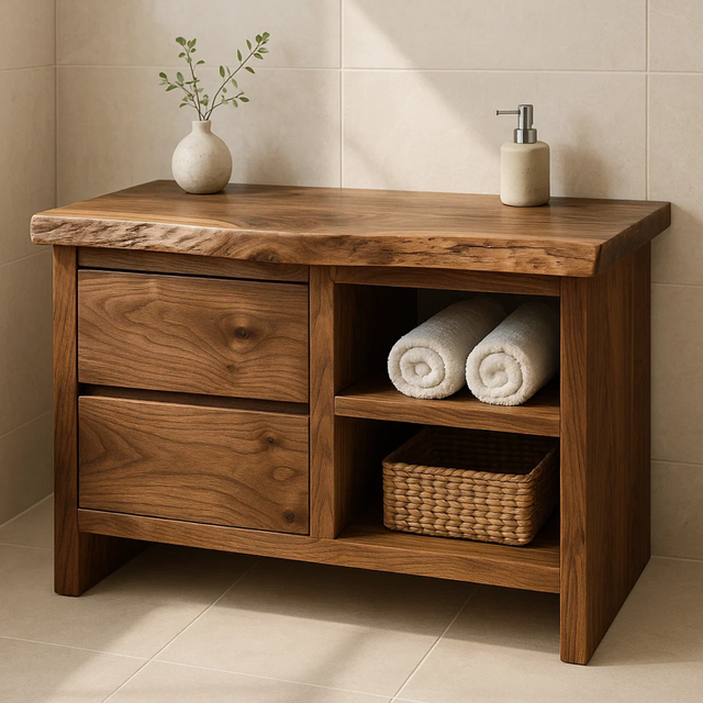 Handcrafted Solid Wood Bathroom Vanity - Rustic Drawers & Open Shelf