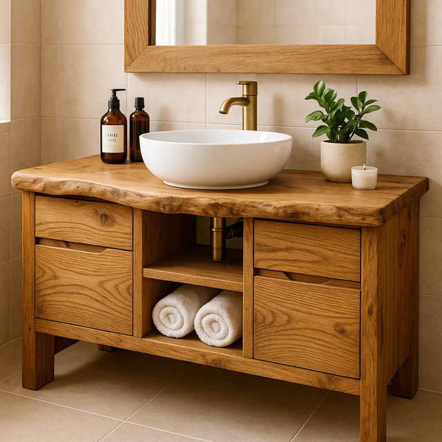 Handcrafted Solid Wood Bathroom Vanity with Live Edge Oak Top and Storage Shelves