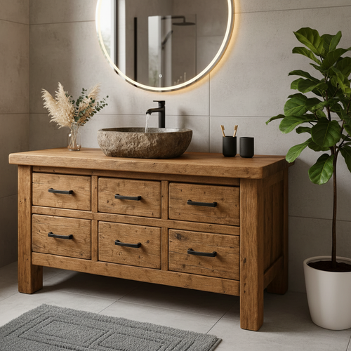 Handcrafted Soild Wood Bathroom Vanity - Farmhouse Storage Cabinet with 6 Drawers