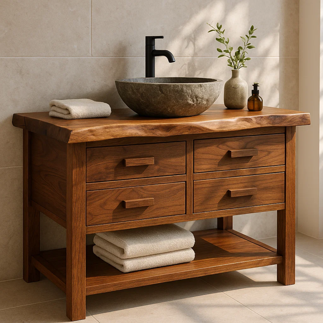Handcrafted Solid Wood Bathroom Vanity with Live Edge Top and 4 Drawers