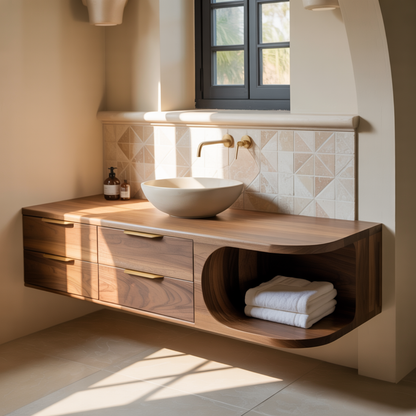 Handcrafted Solid Wood Floating Vanity - Modern Curve Single Sink Cabinet