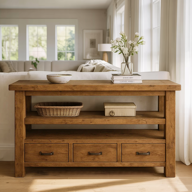 Handcrafted Solid Wood Console Table – Farmhouse Style with Three Storage Drawers