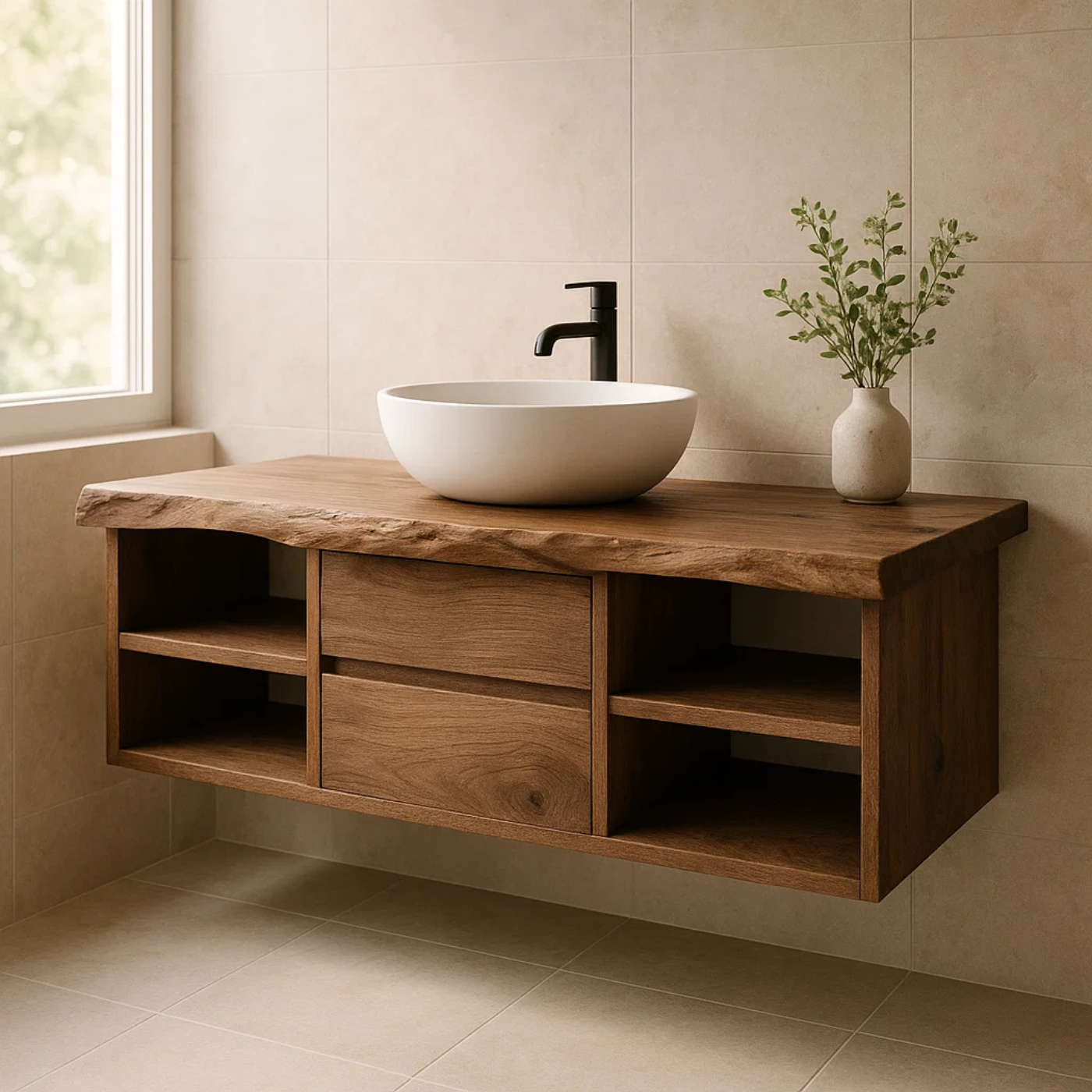 Handcrafted Solid Wood Floating Vanity - Live Edge Console with Central Drawers & Open Shelving