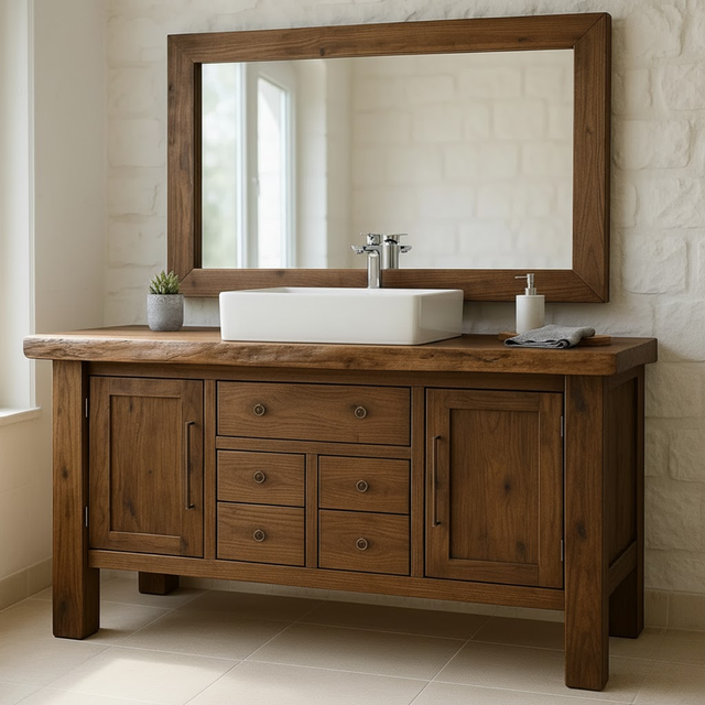 Handcrafted Solid Wood Bathroom Vanity - Live Edge Top, Cabinets, Drawers & Vessel Sink Base