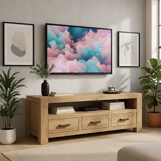 Handcrafted Solid Wood TV Stand - Chunky Rustic Media Console with 3 Drawers & Shelf