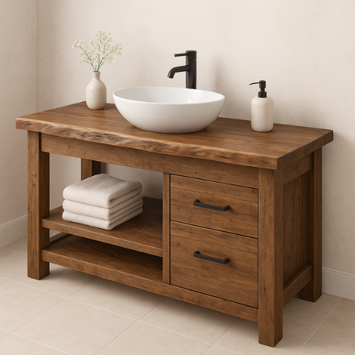 Handcrafted Solid Wood Bathroom Vanity – Rustic Live Edge Countertop with 2 Drawers & Open Shelf – Farmhouse Natural Finish