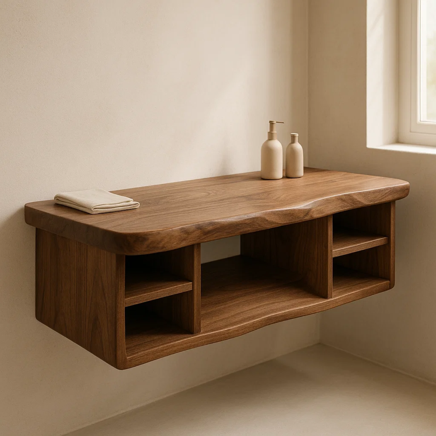 Handcrafted Solid Wood Floating Vanity - All Open Live Edge Console with Display Shelves