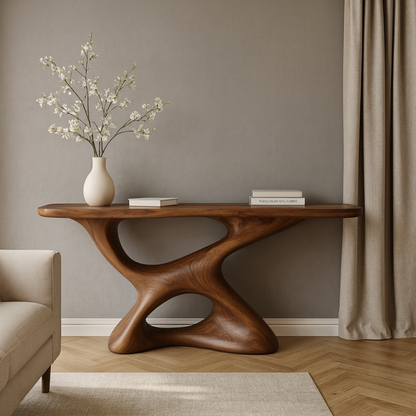 Handcrafted Solid Walnut Sculptural Console Table – Modern Organic Design