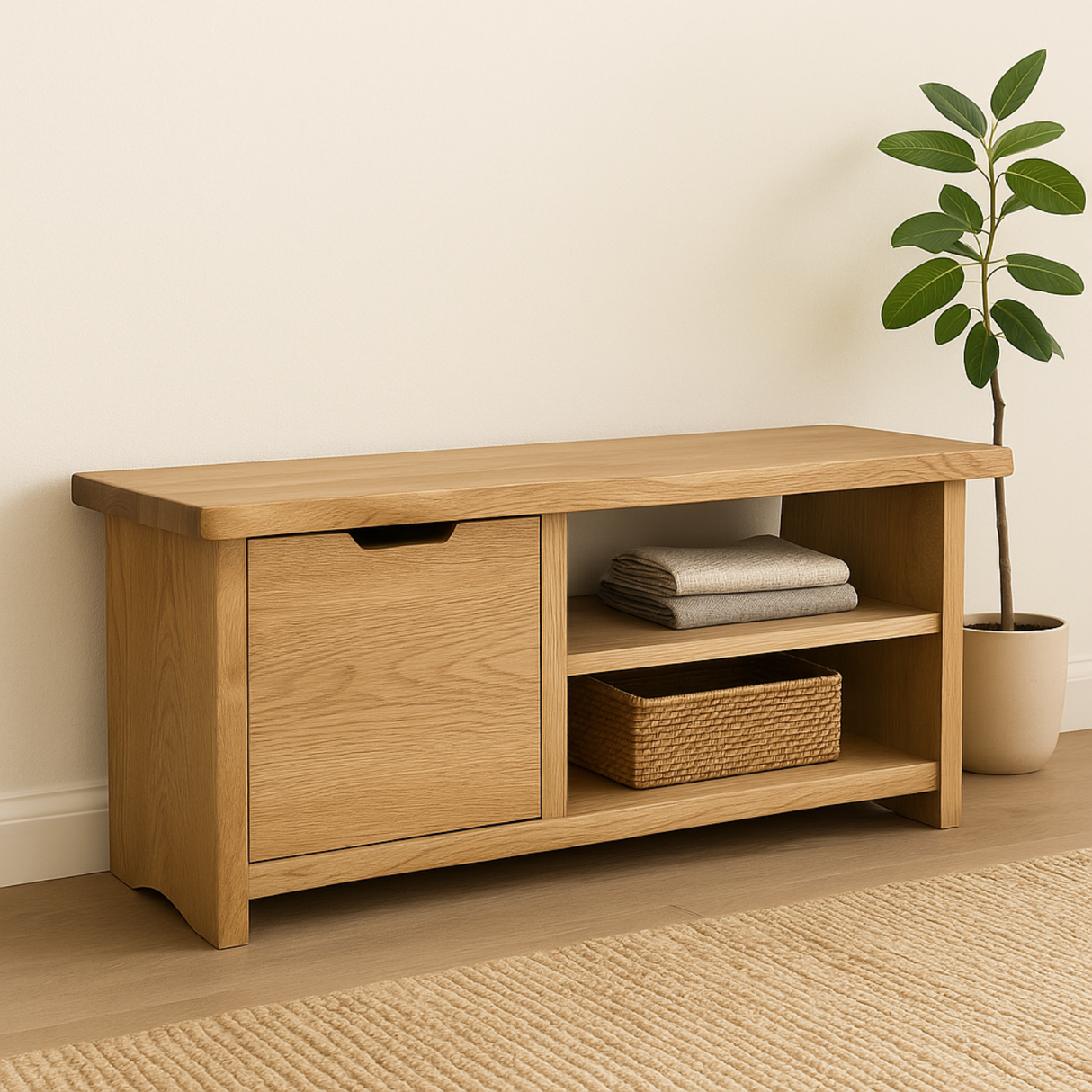 Handcrafted Solid Wood Bench – Oak Entryway Storage Bench & Cabinet