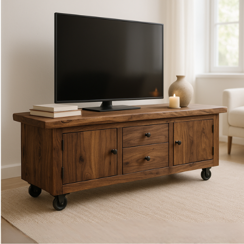 Handcrafted Solid Walnut TV Stand with Live Edge Top and Casters – Rustic Modern Media Console